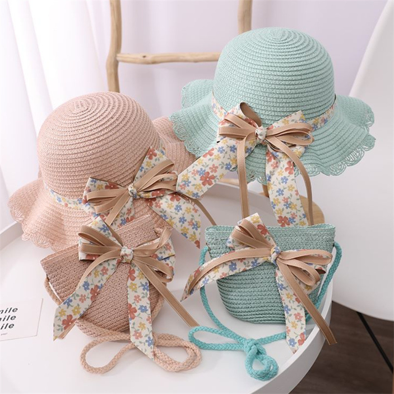 Kids girls summer sun hat Princess hat beach folding visor Fisherman hat straw hat hat bag set