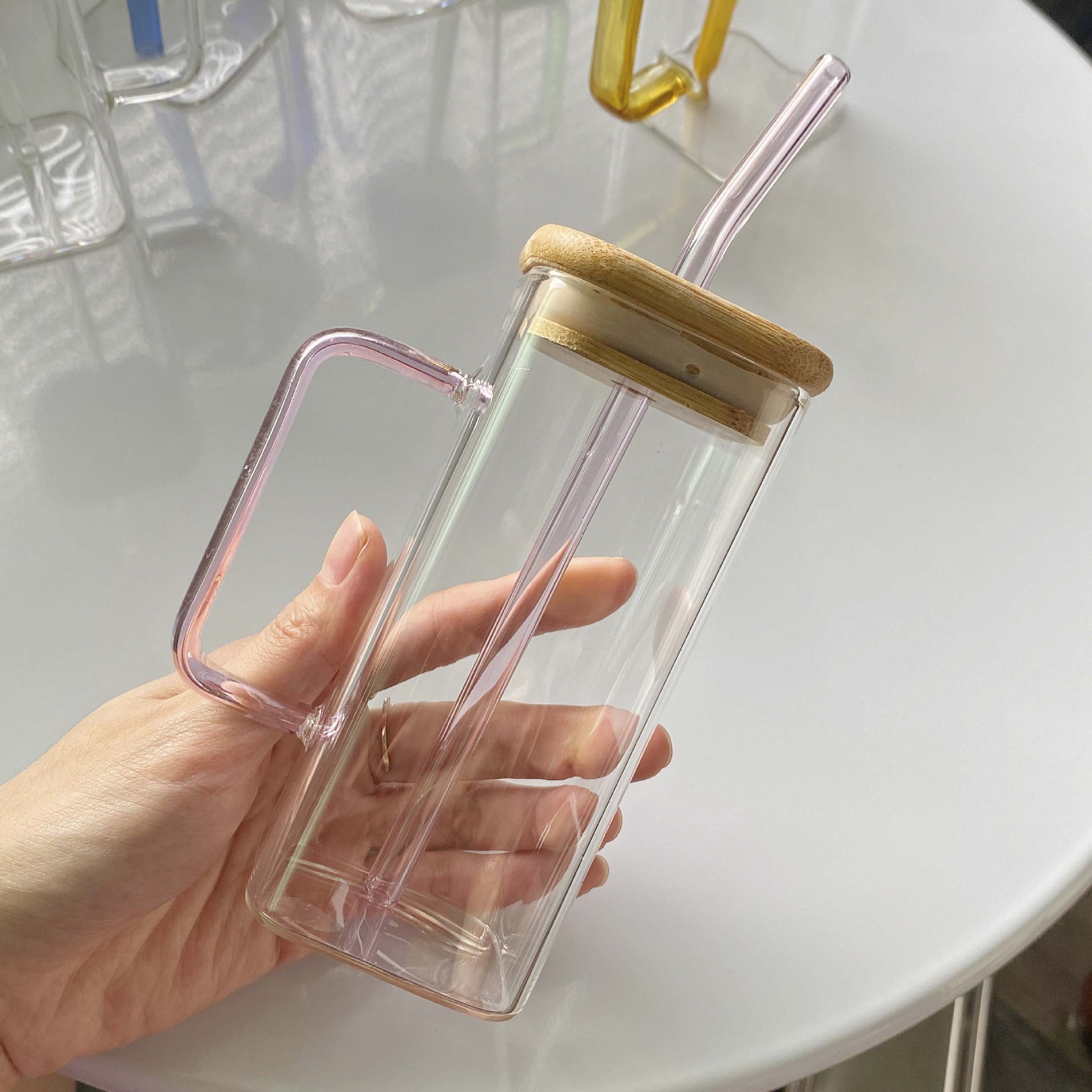 方形玻璃杯带把手带竹盖高颜值小方杯吸管水杯耐高温带盖透明杯子详情5