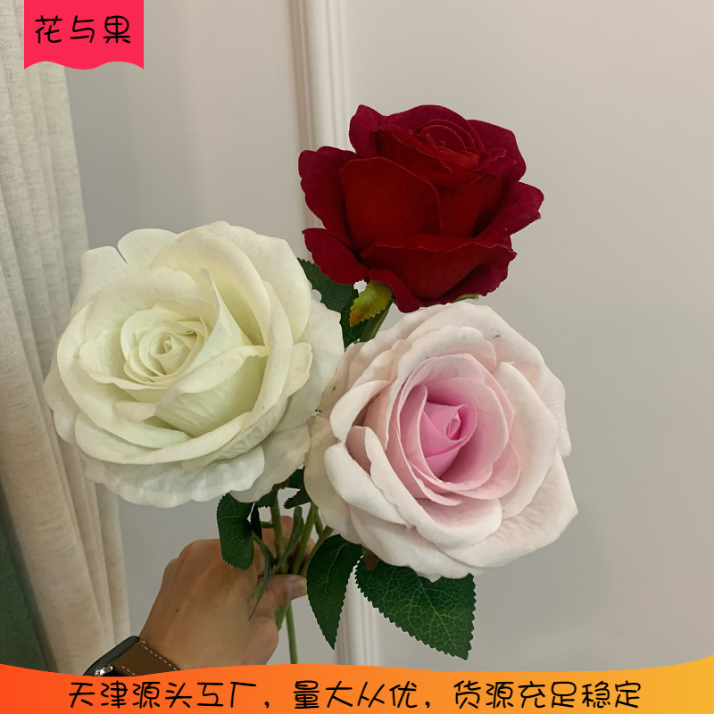 厂家批发婚庆仿真花外贸户外家居美陈装扮假花单支绒布玫瑰仿真花