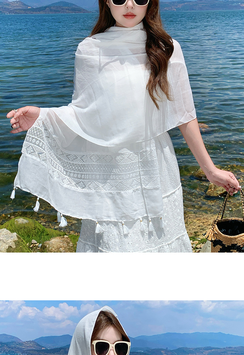 披肩女外搭2025新款白色碎花流苏丝巾搭配吊带旅游拍照必备围巾薄详情7