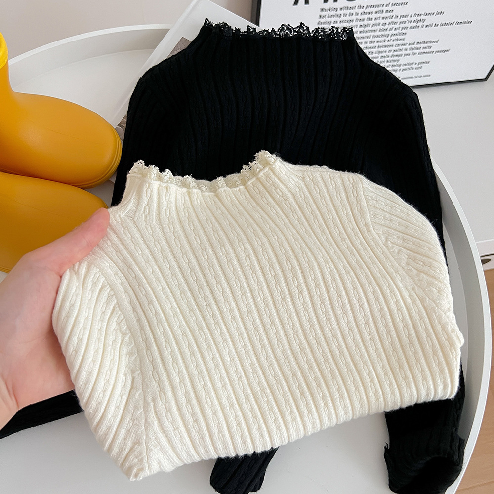 2022 Autumn and winter: Girls' pullover sweaters, princess knitted sweaters, baby girls' lace-neck clothes, children's woolen base shirts Specification image