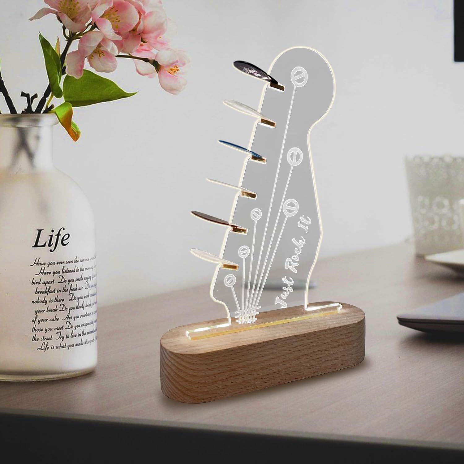 Cross-border new product atmosphere 3D night light, wooden guitar pick storage rack, acrylic projection light, creative gift light Application Scenario
