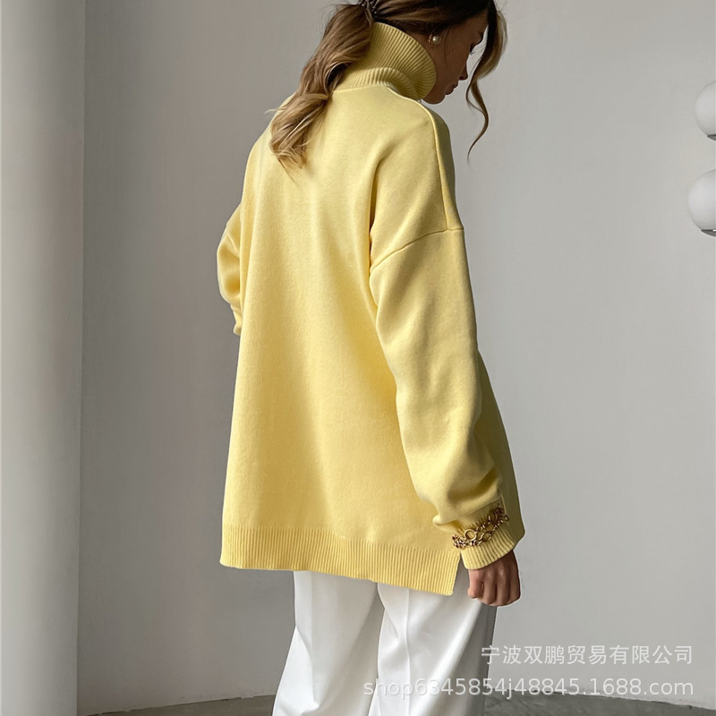 2024年秋冬新款高领毛衣女跨境热卖开叉针织衫设计款柔软上衣ins