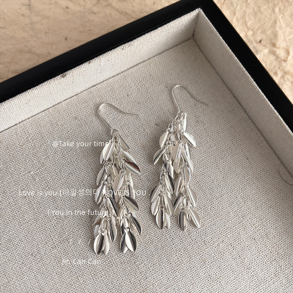Sparkling leaf tassel elegant earrings, ins shiny metallic ear earrings, wheat ear accessories, high-end accessory factory Specification image