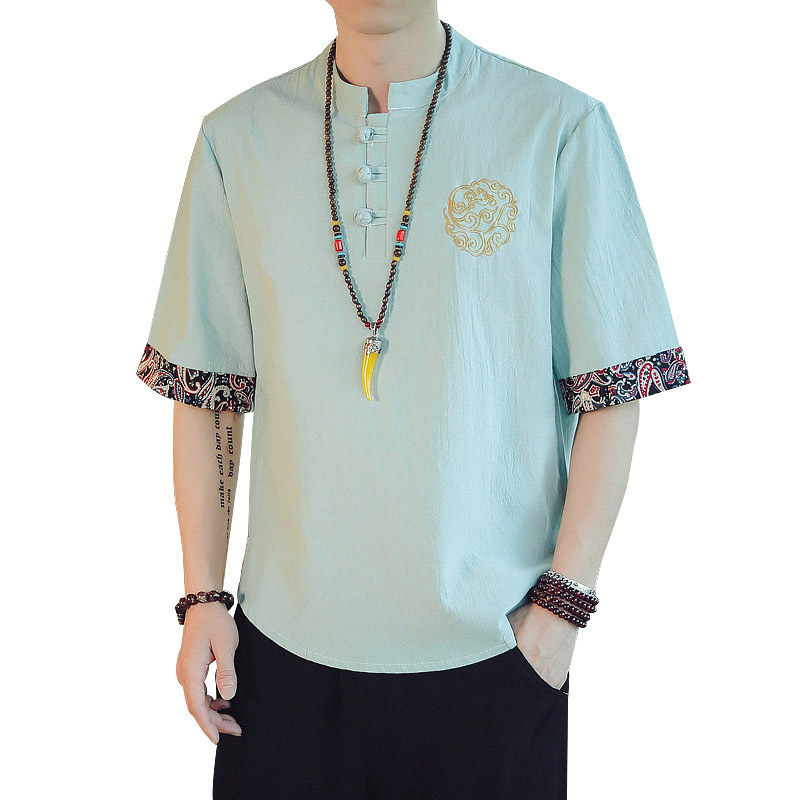 Chinese trend and style button-down linen shirt, men's short-sleeved T-shirt, Chinese Tang suit, cotton and linen retro style men's casual top Item Picture