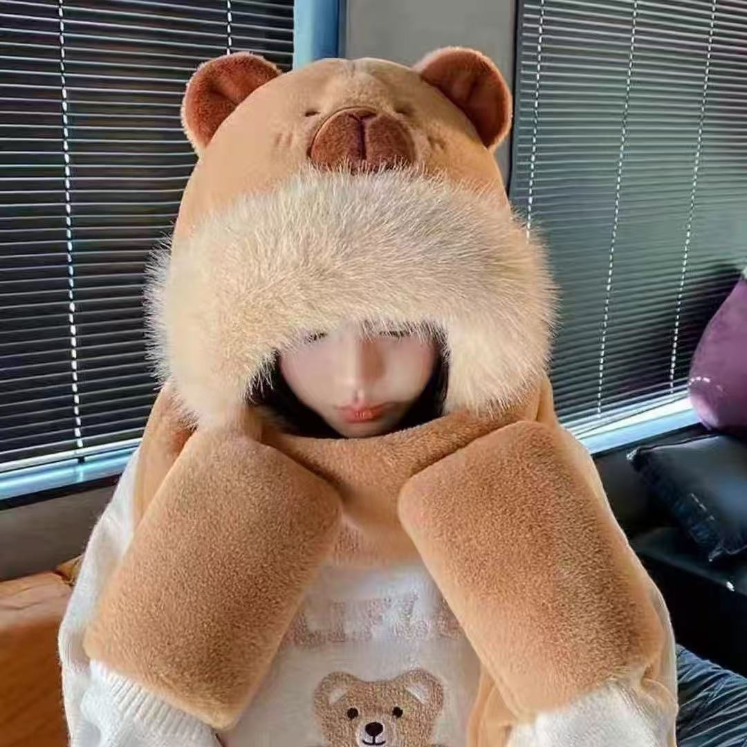 Capibara hat, scarf and Gloves three-piece set, winter windproof and warm plush three-piece adult hat details Picture