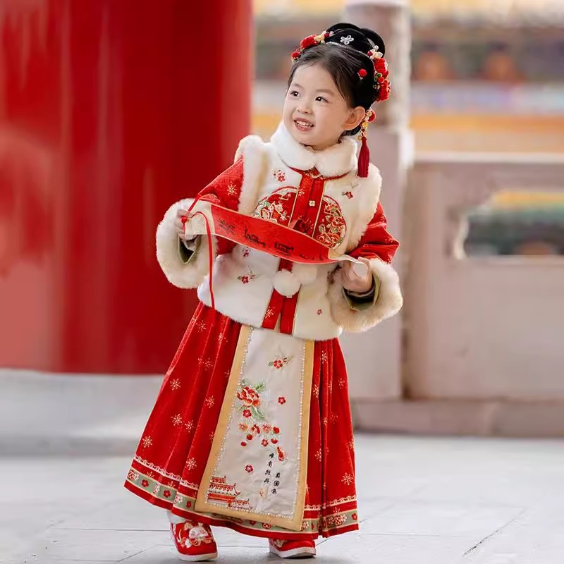 国潮耕织梦西窗雪汉服女童冬儿童加绒加厚中国风红色喜庆小朋友拜年服