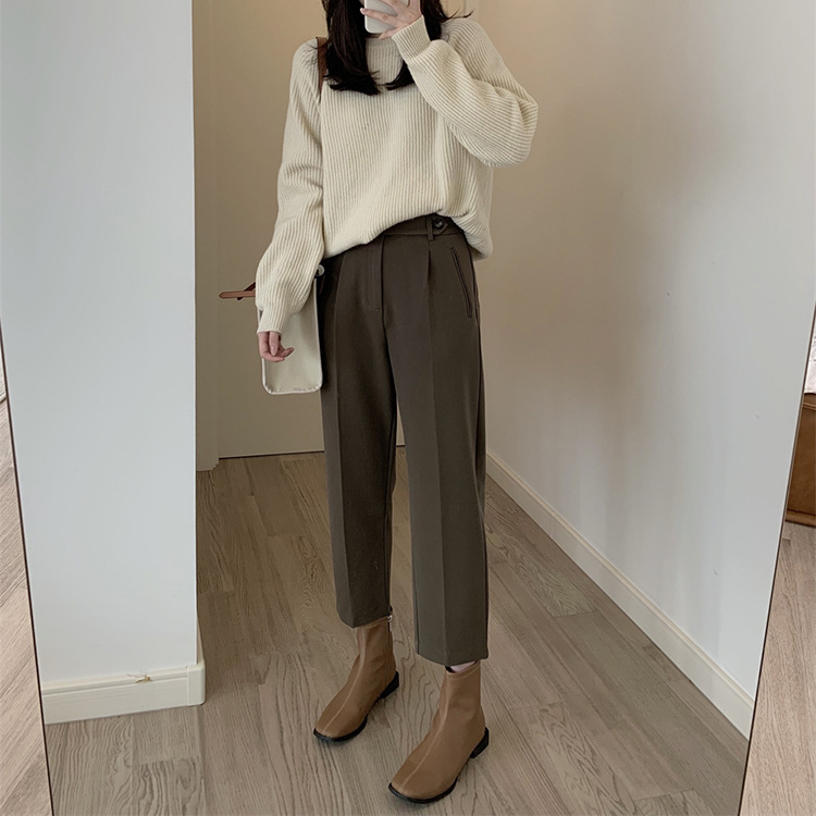 Coffee-colored suit pants for women in autumn and winter, loose and flowing straight-leg cigarette pants, plate-size high-waisted nine-inch radish straight-leg cigarette pants details Picture