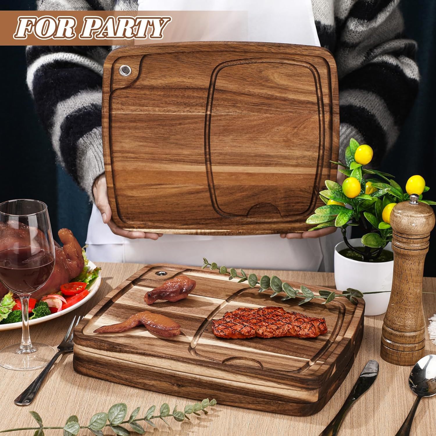 Cross-border acacia wood dinner plate, home kitchen steak and bread dinner plate with juice trough, wooden steak board