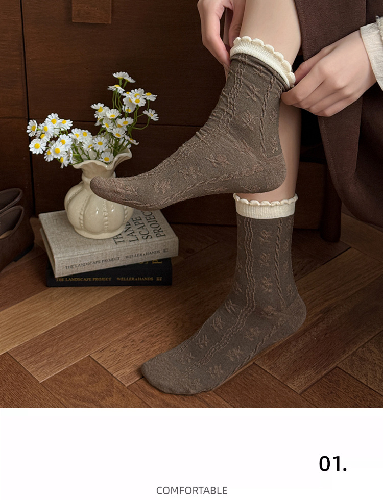 Calcetines de piso de una pieza calcetines de reemplazo de cabello de las mujeres temprano otoño retro medias ins versión coreana de encaje flores pequeñas con deejin heap calcetines de pila de una pieza de reemplazo de cabello pic 13