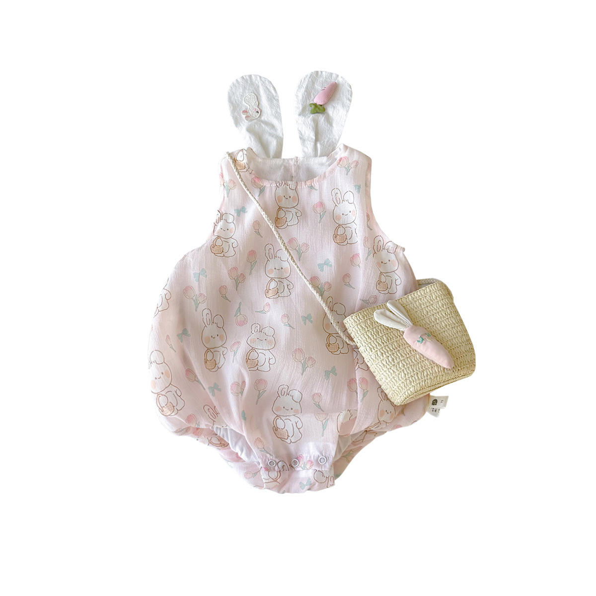 Baby Girl Pink Tulip Bunny Dress Baby Summer Dress Cute Super Cute Rabbit Ears Wrap Fart Coat + Bag Item Picture