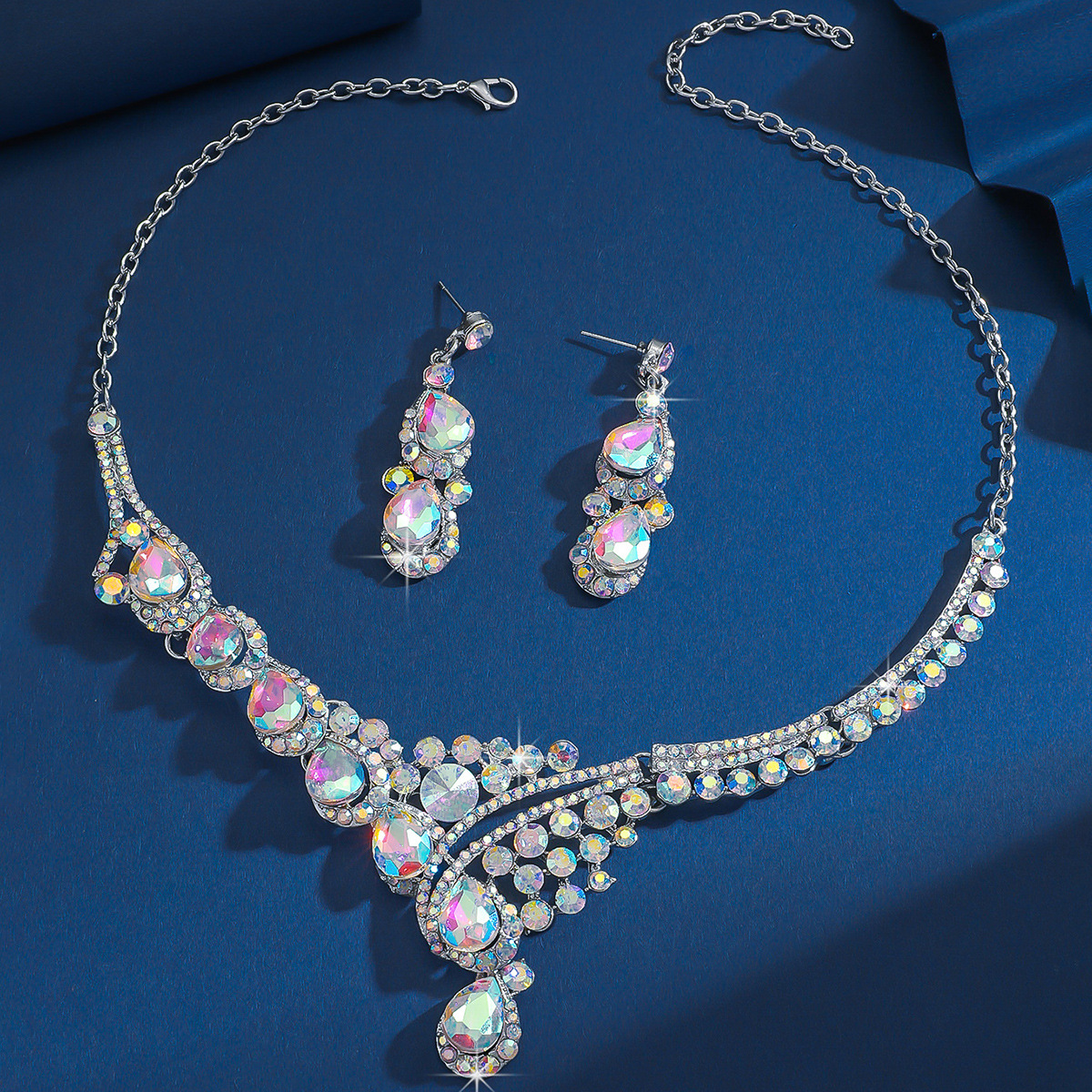 Cross-border Amazon bride's colorful water diamond crystal necklace, earring set, women's ball costume and accessory manufacturer direct supply Specification image