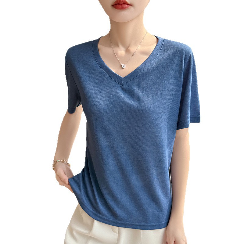 Spring and Summer new fine-spun Tencel V-neck knitted short-sleeved T-shirt for women, thin and loose pullover base layer top Item Picture