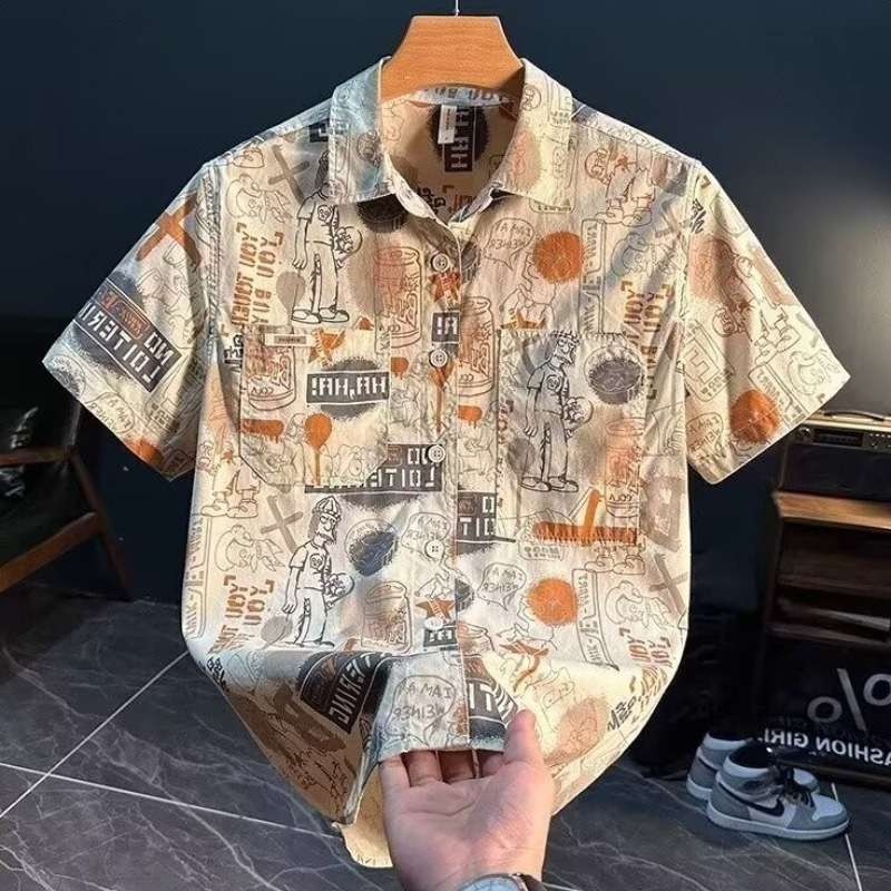 New trendy and personalized graffiti short-sleeved shirt, men's casual and artistic shirt, cool and loose Hawaiian vacation top details Picture