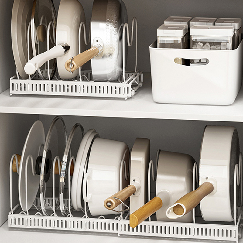 The adjustable kitchen storage rack can store multiple layers of kitchenware, cutting boards, cutting boards, pot LIDS, pot racks and other items. It is a telescopic storage rack details Picture