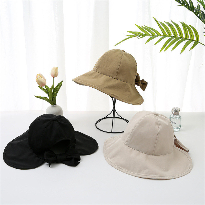 夏季帽子黑胶大沿遮阳帽带蝴蝶结防紫外线可折叠户外沙滩防晒帽图