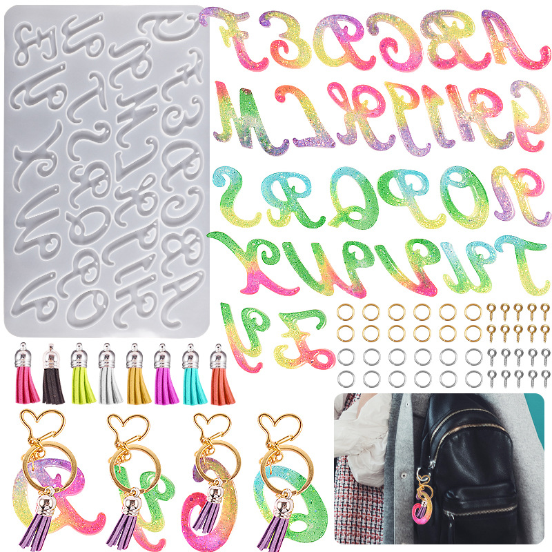Crystal drop glue full plate English letter mold resin large cursive English letter pendant keychain hang mill