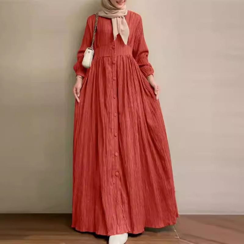 2024 Muslim Women's clothing retro long-sleeved solid color robe Spring and Autumn New Elegant casual plus-size women's dress Specification image