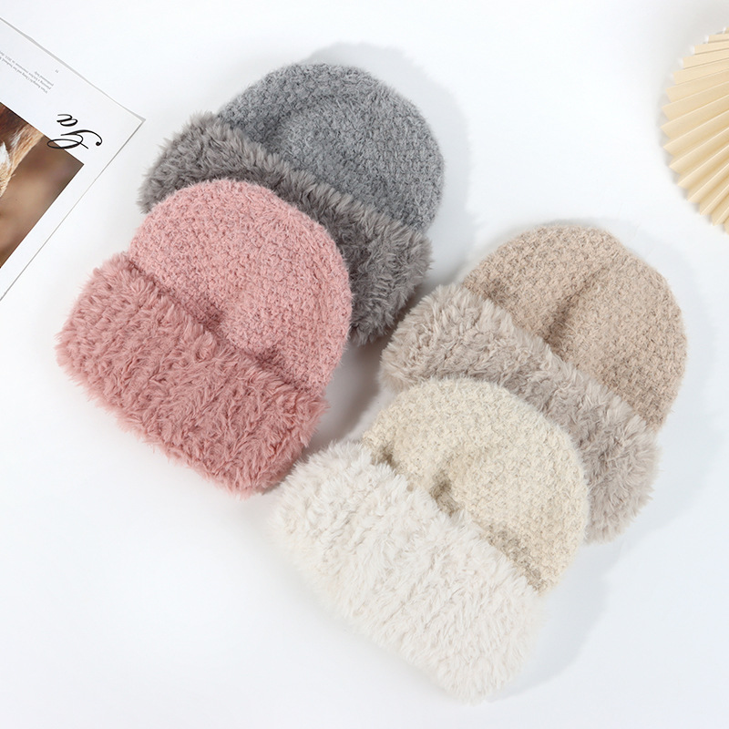 23 New Warm Woolen Hat Show Face Small Day Simple Autumn And Winter Plush Patchwork Knitted Hat Women Foreign Trade Tide details Picture
