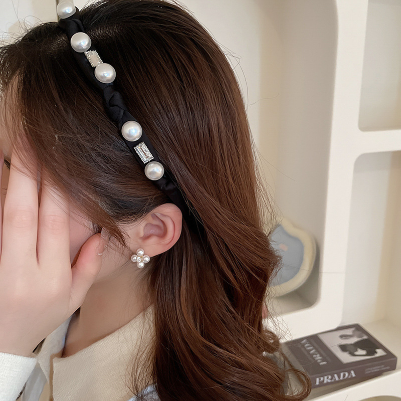 Black Pearl Pleated Headband Women 2024 New Summer High Head Top Face Pressure Hairpin Senior Sense Headband Hair Accessories Application Scenario