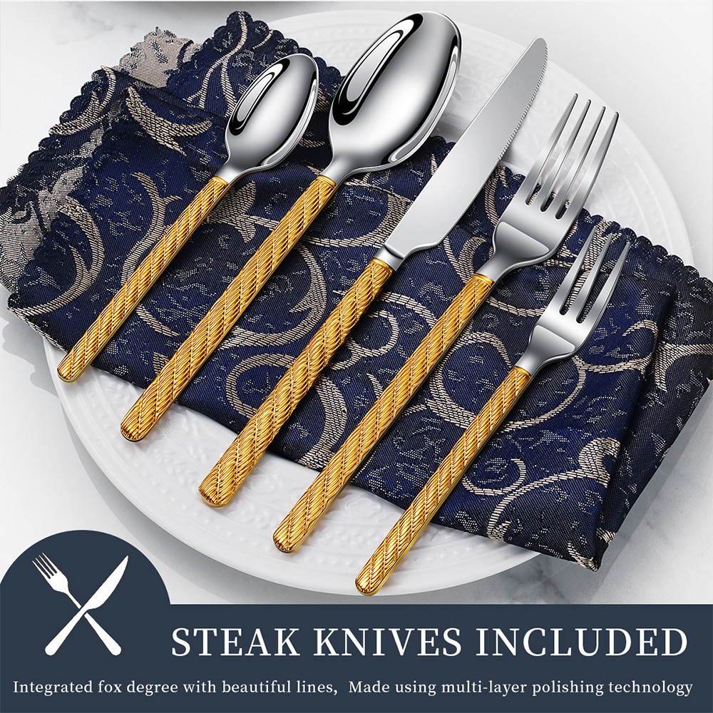 Cross-Border New 304 Stainless Steel Twine Pattern Tableware Hotel 5-Piece Retro Western Steak Knife, Fork And Spoon