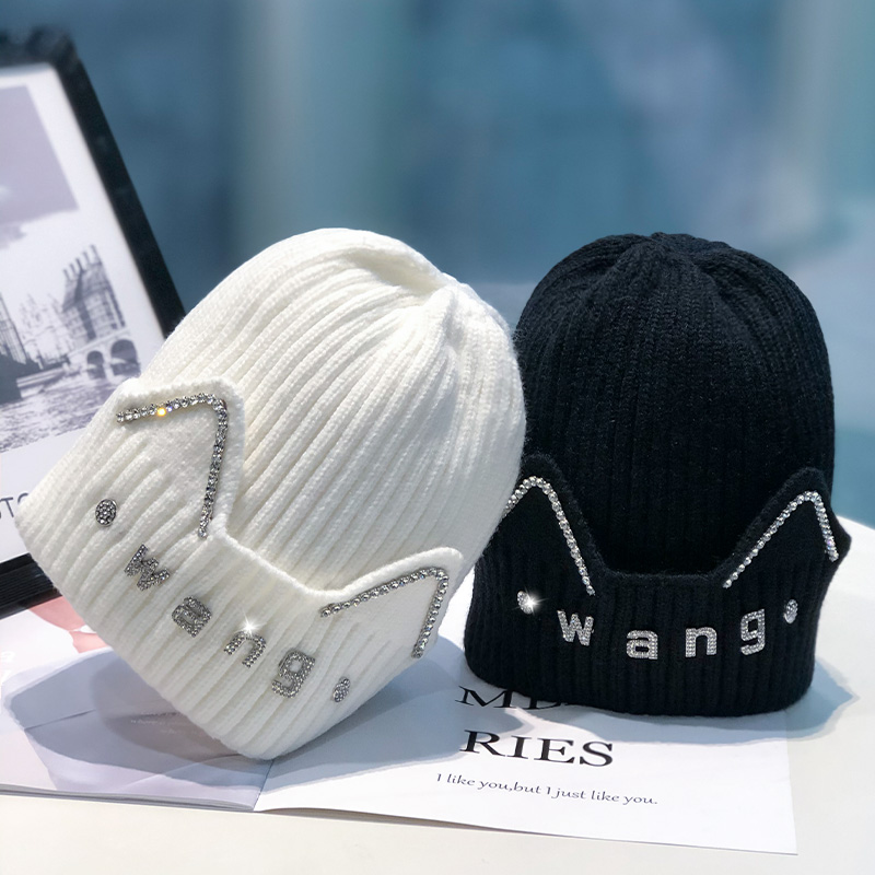 South Korea's New Network Red Wang Letter Rhinestone Woolen Hat Travel All Over The Head Hat Warm Ear Protection Knitted Hat Specification drawing