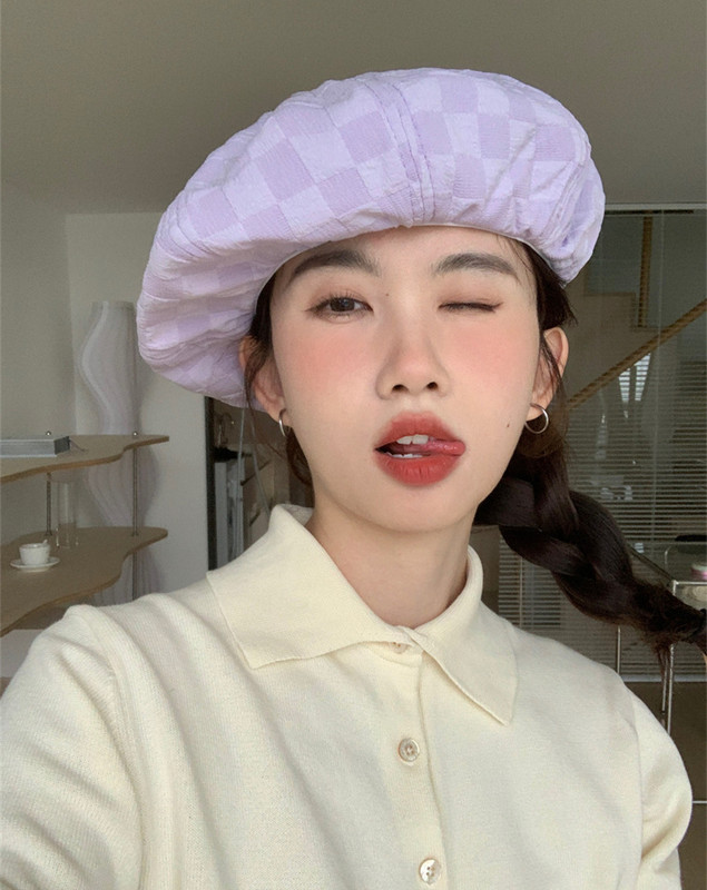 [About Purple] Exaggerated large version of the face display small cloud cap gentle texture sense fold thin beret tide