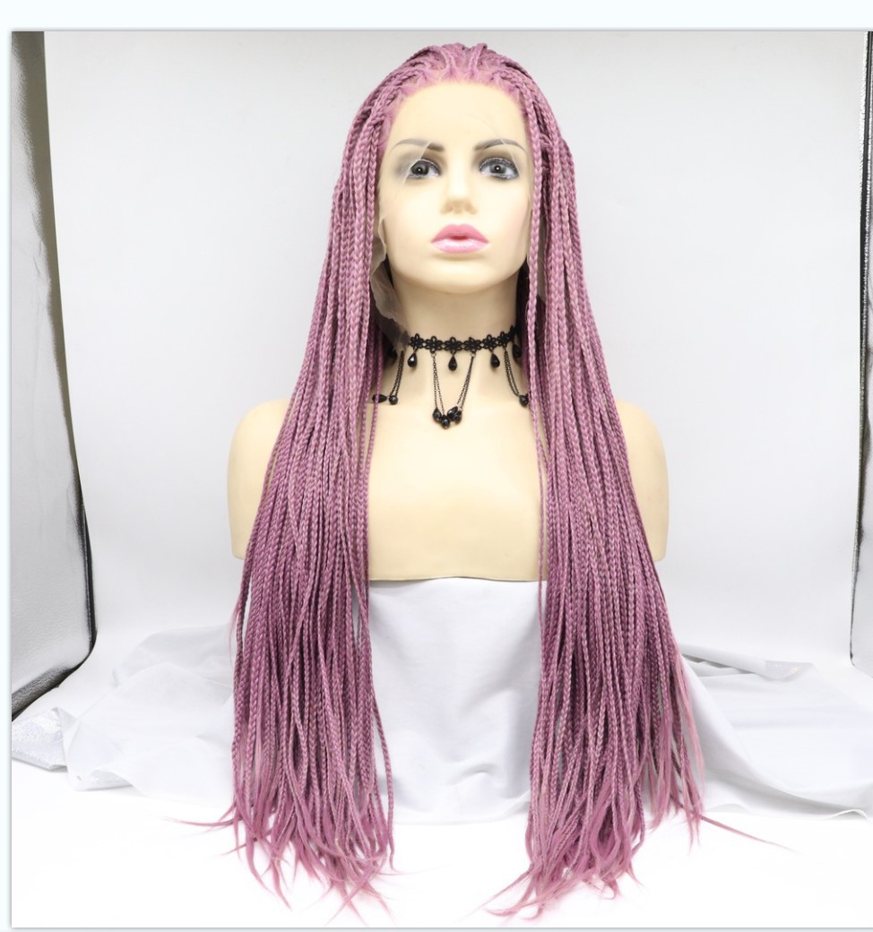 Wholesale of fashionable chemical fiber wigs for Europe and America, including deep and light purple long straight hair with small braids and high-temperature silk hair covers Specification image
