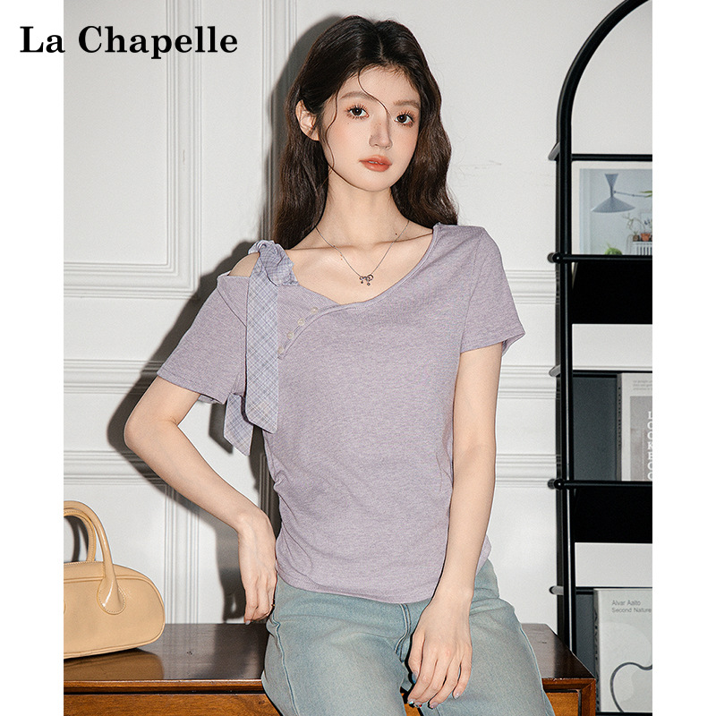La Chapelle French lace-up irregular design short-sleeved T-shirt for women's spring and summer off-the-shoulder slimming short top Specification image