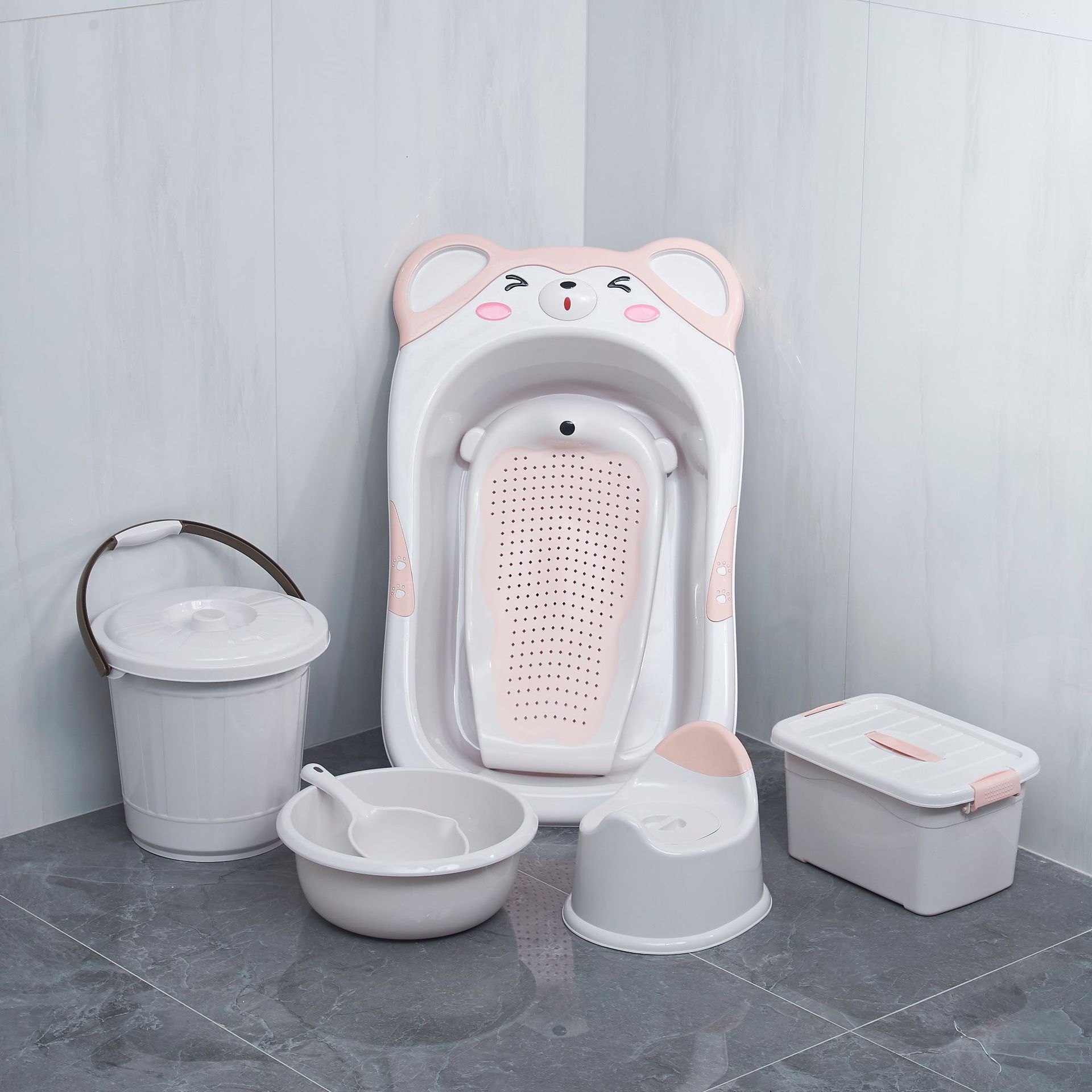 G468婴儿浴盆套装浴盆浴床水桶脸盆水勺坐便器手提整理箱七件套装