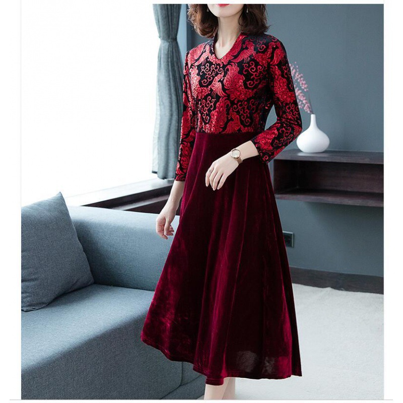 春秋新款女韩版宴会礼服妈妈装大码中年装长袖V领连衣裙 精品质量