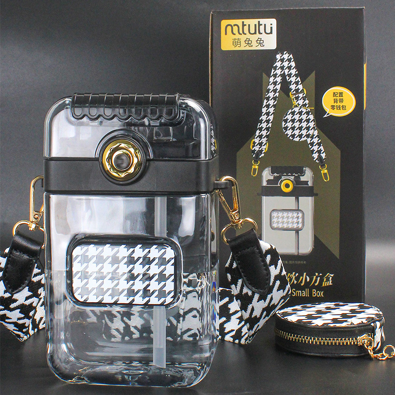 Summer creative square water cup for students, high appearance level, double-drinking cup, straw cup for direct drinking, portable coin purse with a shoulder strap details Picture