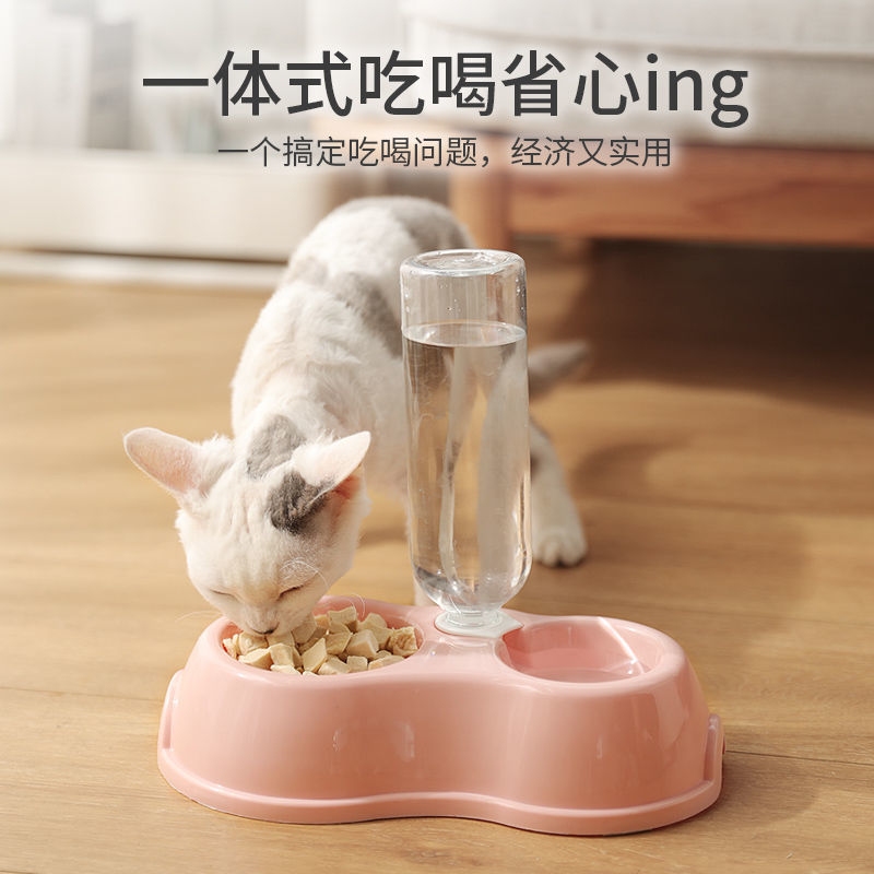 Plastic double-bowl cat and dog food bowl and water dispenser, pet plastic bowl with water bottle set, complete two-in-one, factory direct supply Application Scenario