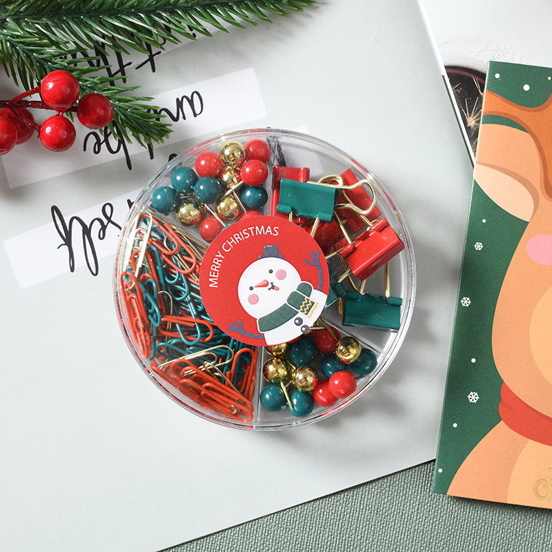 Christmas creative paperclip, long-tail clip, four-compartment round box stationery set, red, green and gold cultural and creative binding gift