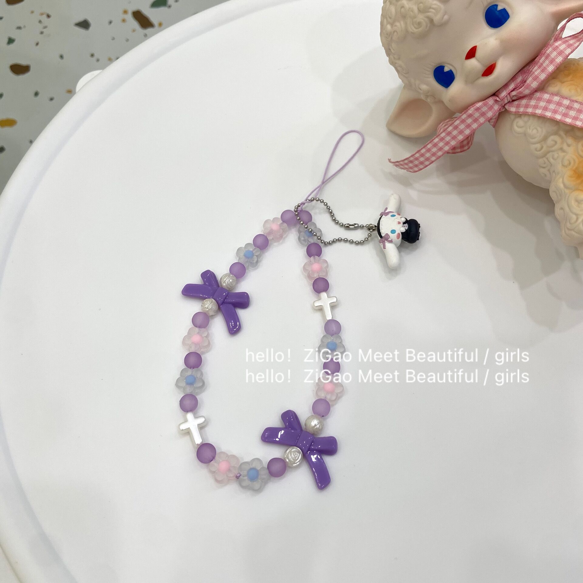 Cute Puppy Acrylic Bow Handmade Beaded Mobile Phone Chain Girl Heart Cross Mobile Phone Pendant Lanyard Specification drawing