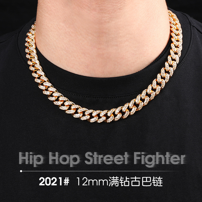 欧美嘻哈潮人古巴链镶钻手链12毫米满钻男女士hiphop镀金项链跨境图