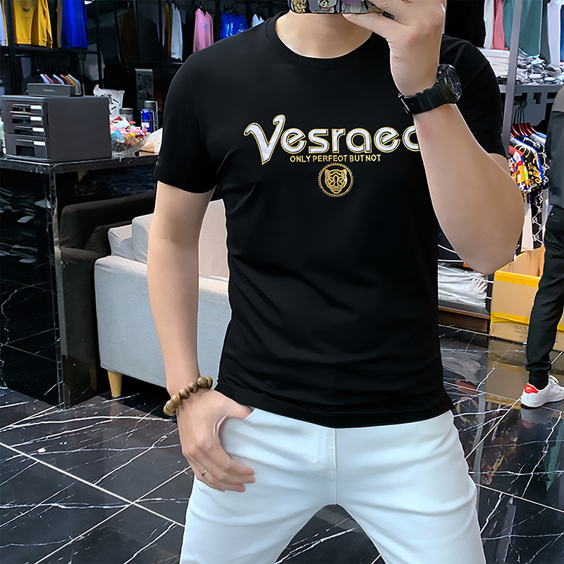 潮牌时尚男士短袖T恤冰丝棉圆领衫烫钻字母舒适透气百搭男装夏季