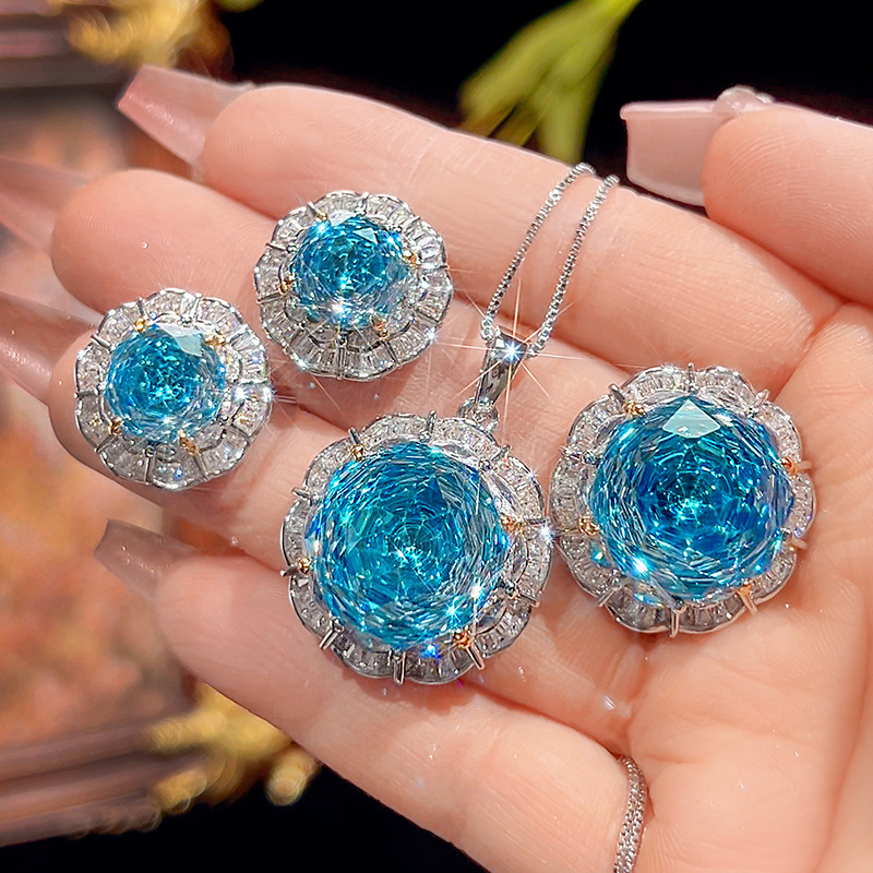 2025新款庄生生珠宝铜底镀金玫瑰切海蓝气质轻奢套装女16-10mm