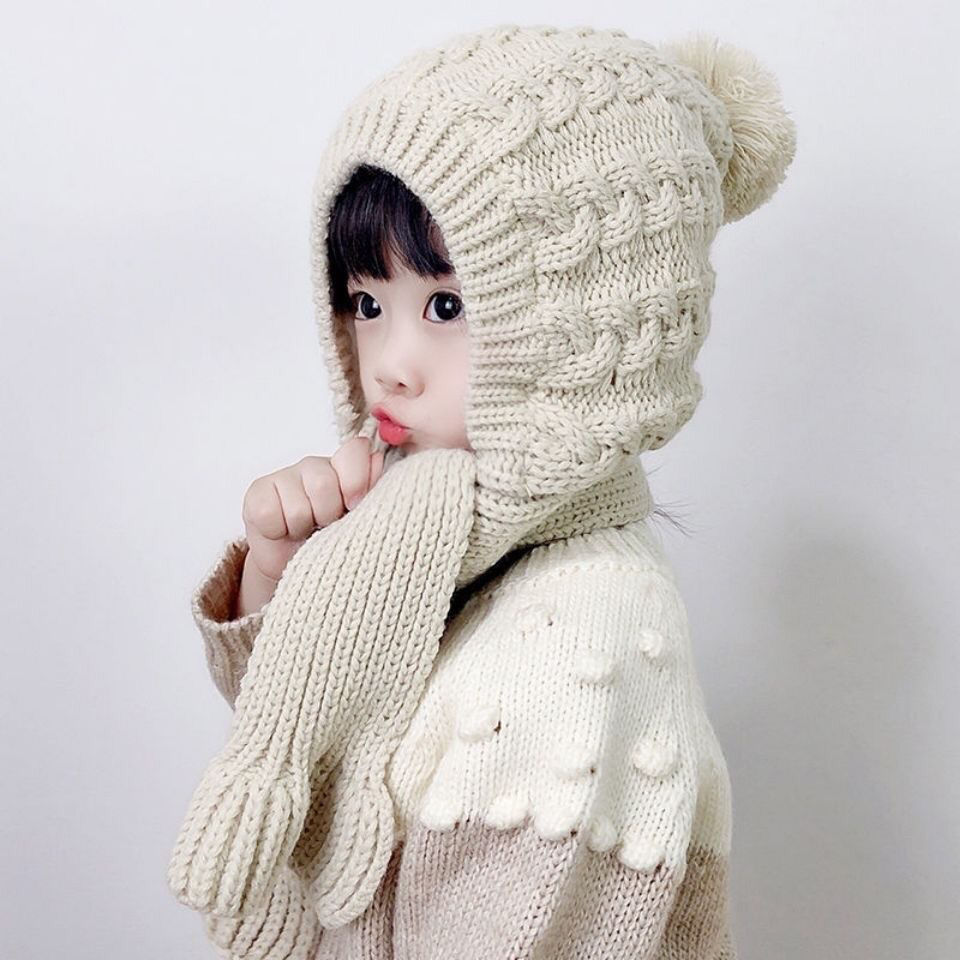 Korean-style cute and super adorable girls' woolen cap with fleece and thickened fabric, children's hat and scarf all-in-one hat, autumn and winter baby hat details Picture