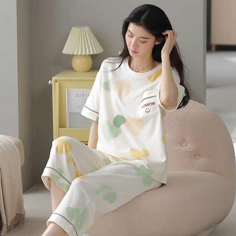 100% pure cotton pajamas for women, spring and summer short-sleeved capri pants, thin home wear, sweet and cute all-cotton sets for women