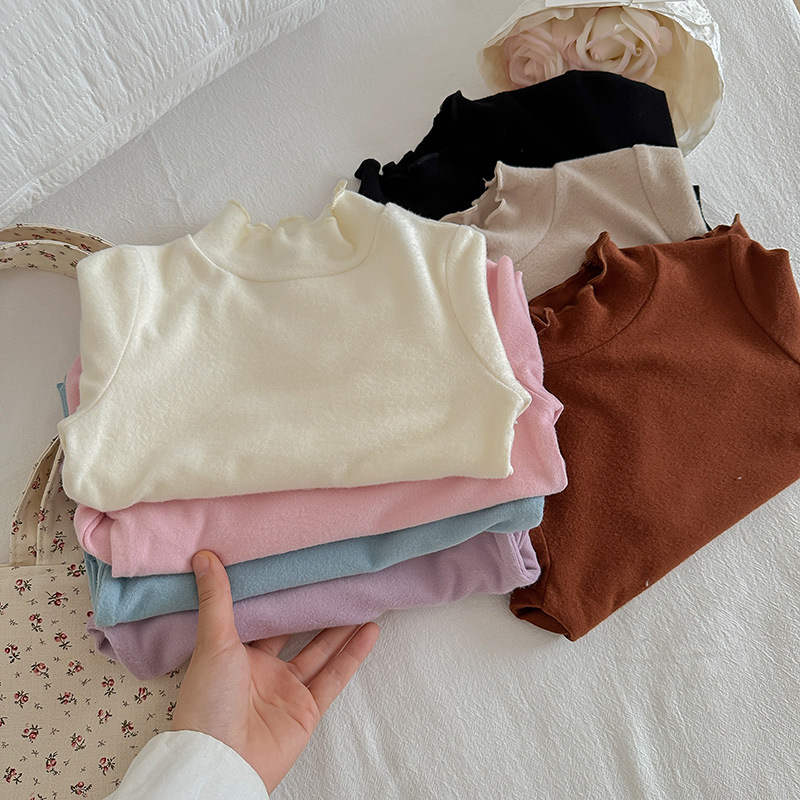 2024 Autumn new children's clothing: Korean style simple solid color base layer, lotus leaf collar girls' spring and autumn brushed T-shirt Specification image