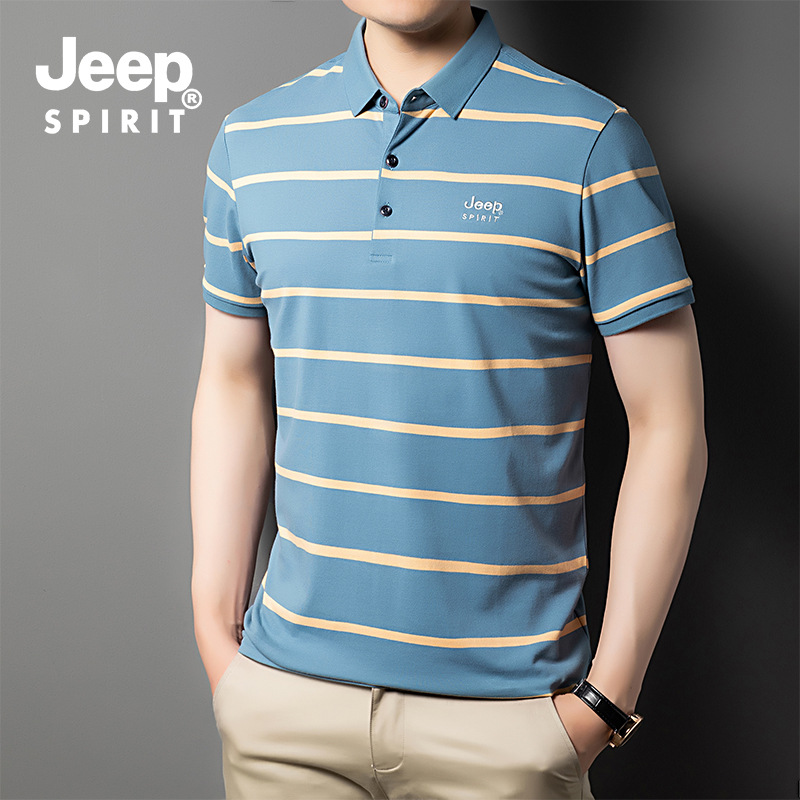 JEEP SPIRIT一件代发夏季翻领条纹休闲青年短袖薄款宽松型T恤衫男