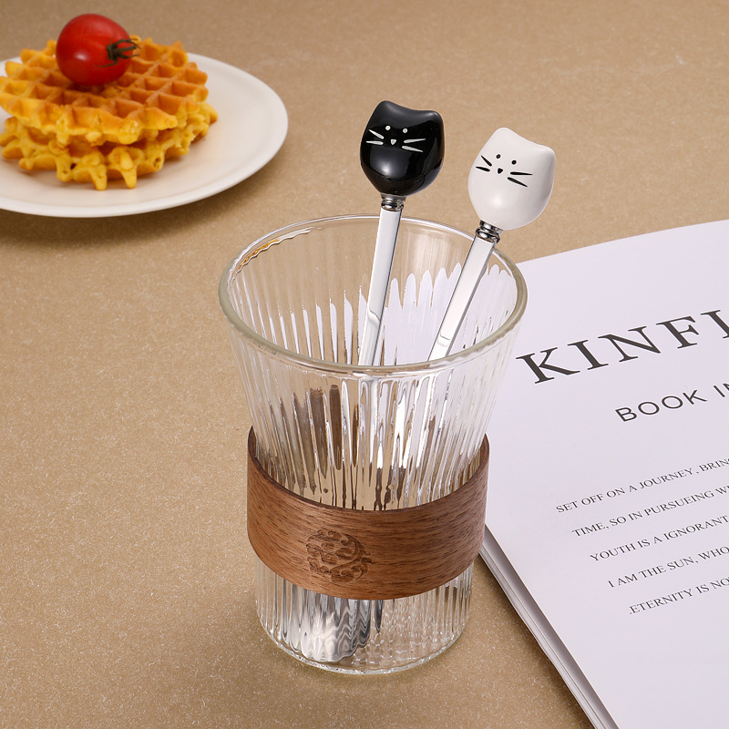 厂家直供陶瓷柄猫咪咖啡勺 蛋糕甜品勺长柄搅拌勺创意不锈钢勺子详情图3