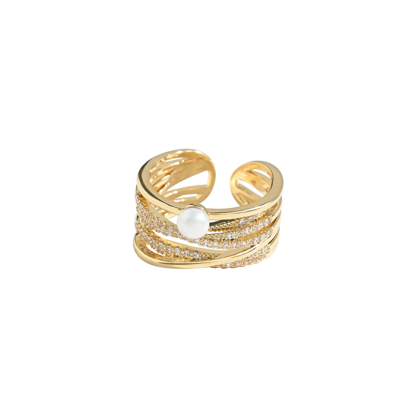 A genuine gold electroplated zircon individual open ring with a high-end feminine touch, a retro French pearl ring, and a versatile index finger ring Item Picture