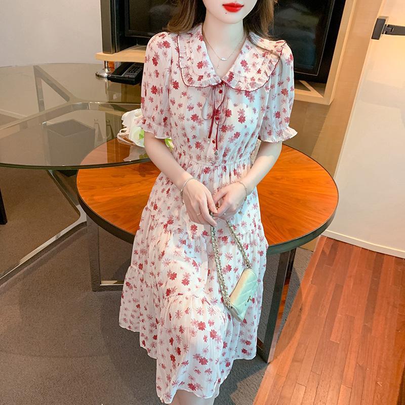 Fashionable baby collar floral print dress for women's summer 2024 new style, waist-cinching and slimming short-sleeved A-line midlength dress Specification image