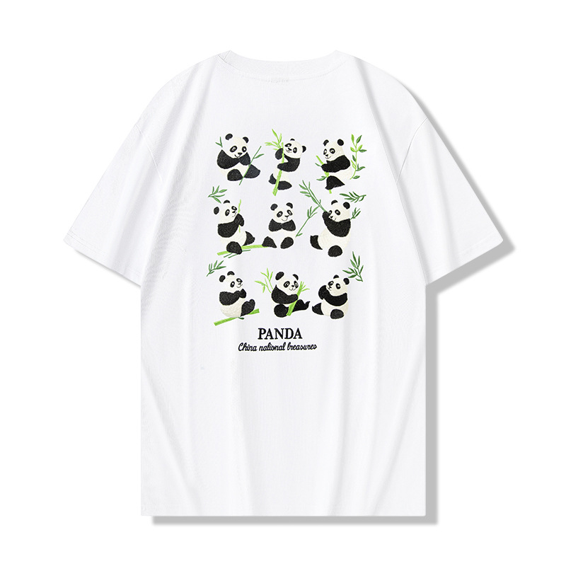 New Chinese-style national trend panda dumpling bamboo leaf embroidered T-shirt, loose round-neck half-sleeved top details Picture