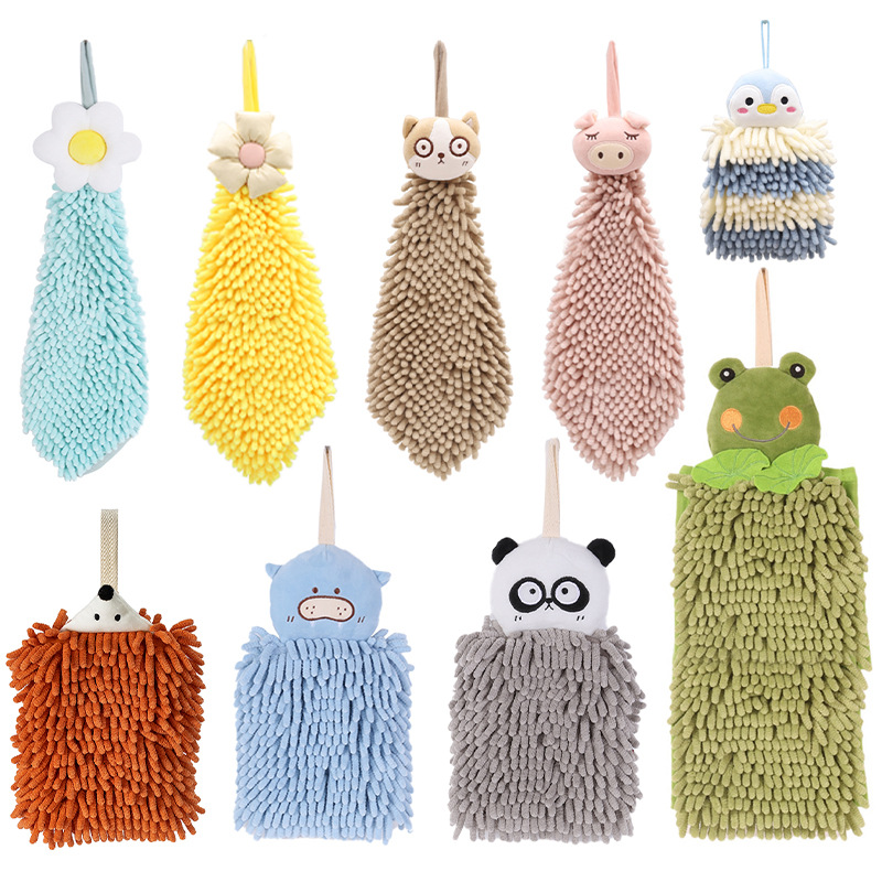 Hanging cartoon animal Chenille hand towels, Kanglewu children's household kitchen absorbent hand towels wholesale