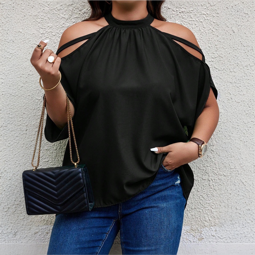Amazon cross-border plus-size women's top for spring and summer with off-the-shoulder design, fashionable and casual, and a halter-neck style