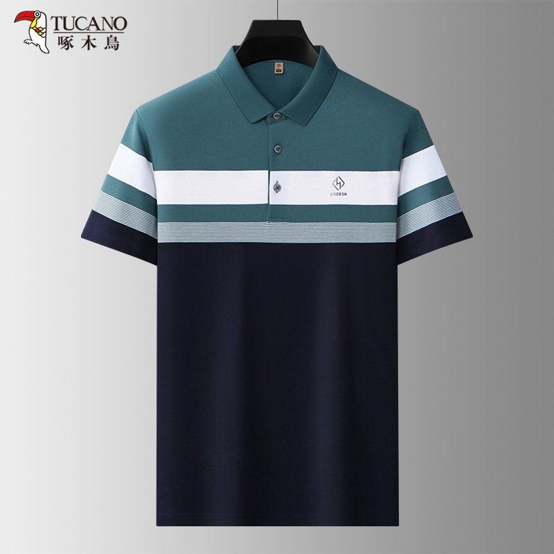 TUCANO/啄木鸟男装夏季新款薄款棉涤色织短袖翻领条纹男士POLO衫