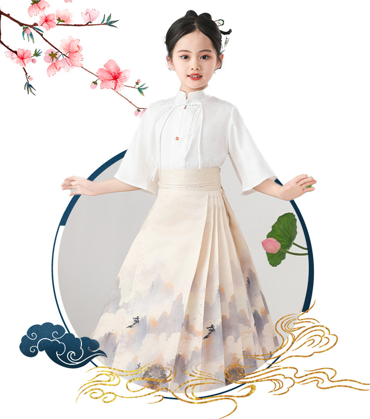 国潮-新款儿童马面裙套装带项链女孩夏季国风唐装汉服裙子学生演出服详情8